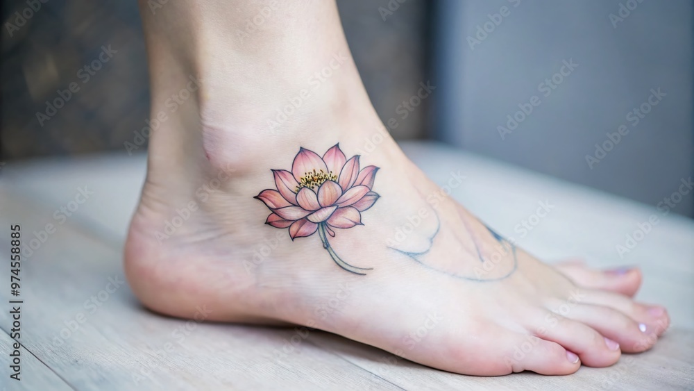 Delicate small lotus flower tattoo design on a subtle ankle placement, intricately illustrated with gentle petals and stems in soft, serene water-inspired hues. Delicate small lotus flower tattoo design on a subtle ankle placement, intricately illustrated with gentle petals and stems in soft, serene water-inspired hues.