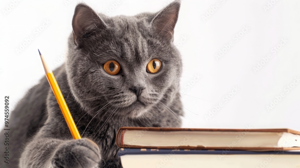 A gray cat is holding a pencil with a scribble and books on a white isolated background for a training or humor concept. A gray cat is holding a pencil with a scribble and books on a white isolated background for a training or humor concept.