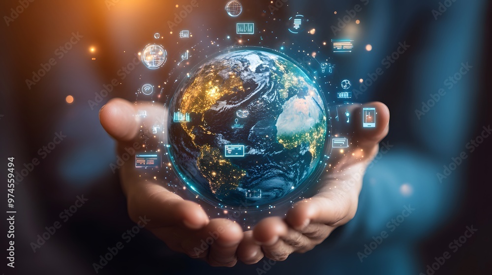 Hand with Earth Surrounded by Technology Icons: A hand holding the Earth, surrounded by floating technology icons, symbolizing the digital world's impact on the planet.
Hand with Earth Surrounded by Technology Icons: A hand holding the Earth, surrounded by floating technology icons, symbolizing the digital world's impact on the planet.