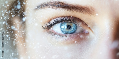 Close-up of a mesmerizing blue eye with intricate details and soft snowfall, capturing beauty and tranquility in nature.