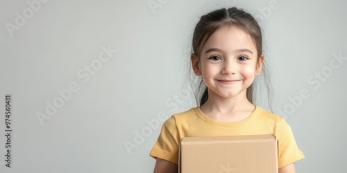 A cheerful young girl in a yellow shirt holding a brown box, smiling against a light gray background, embodying joy and curiosity.