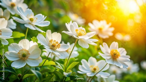 Delicate white blooms with soft petals and golden centers sway gently in the breeze, surrounded by lush green foliage in a serene natural setting.