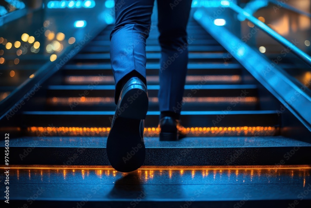Fototapeta premium dynamic lowangle shot of a businessmans feet sprinting up modern office stairs motion blur and dramatic lighting emphasize urgency and ambition