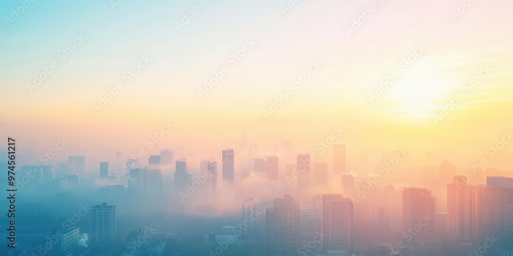 Fototapeta premium A serene city skyline bathed in soft, colorful light during sunrise, surrounded by a gentle haze of morning mist.