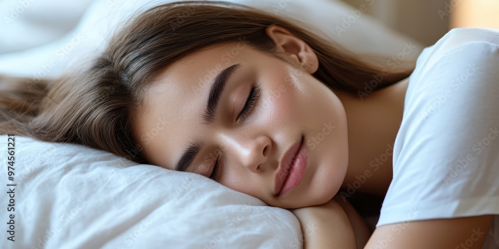 A serene and peaceful portrait of a young woman sleeping comfortably in a cozy bed, exuding calm and tranquility. A serene and peaceful portrait of a young woman sleeping comfortably in a cozy bed, exuding calm and tranquility.