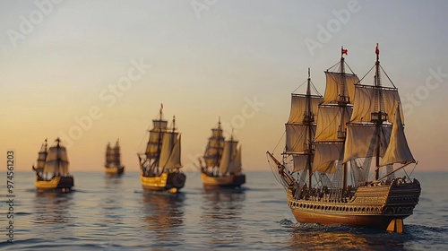 Columbus Day Historic Ships at Sea A fleet of detailed miniature replicas of Columbus's ships the Nina, the Pinta, and the Santa Maria sailing on a calm ocean under a clear sky photo