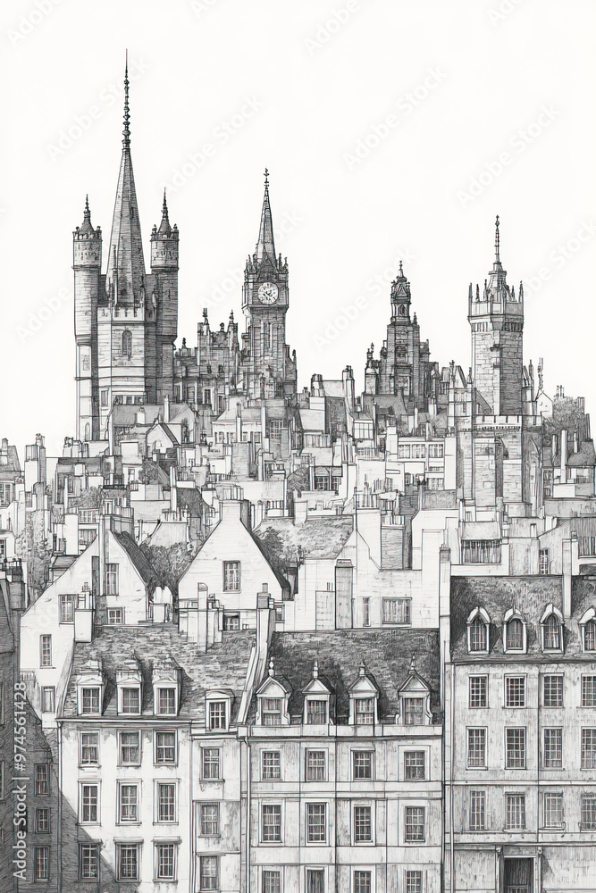 Fototapeta premium Aberdeen, United Kingdom, black and white pen pencil hand-drawn effect portrait drawing illustration for travel poster, card, wallpaper, backdrop or banner. Modern, clear, artistic and simple