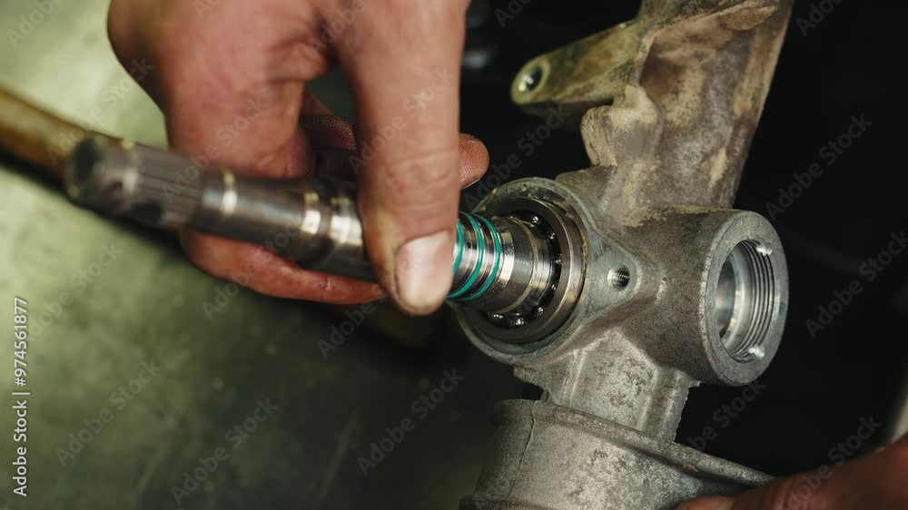 Worker mechanic apply dense grease lubricant to a steering rack and repair process of steering rack Worker mechanic apply dense grease lubricant to a steering rack and repair process of steering rack