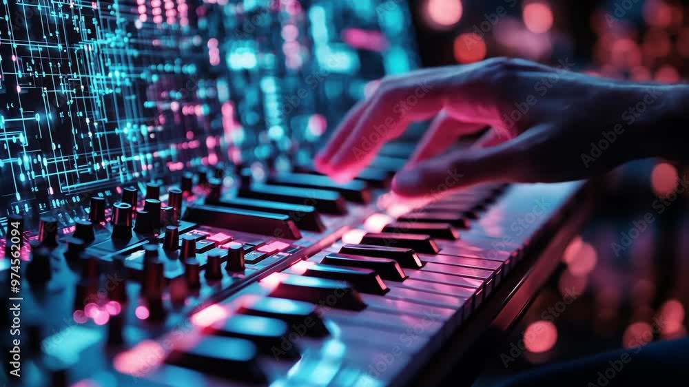 A person creating music with the help of AI-driven software that suggests harmonies, rhythms, and instruments, merging technology with artistic expression. A person creating music with the help of AI-driven software that suggests harmonies, rhythms, and instruments, merging technology with artistic expression.