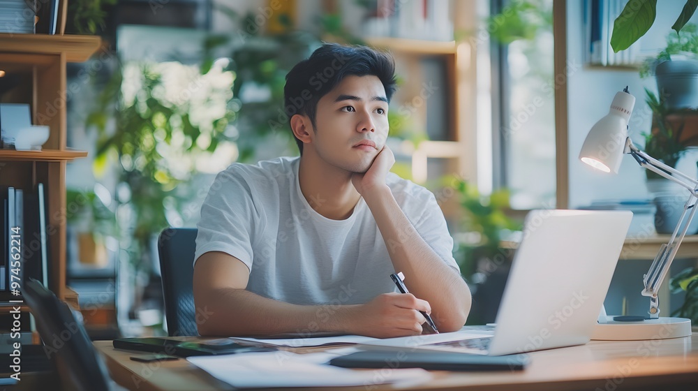 Young Man in White T-Shirt Working at Desk with Laptop and Lamp Young Man in White T-Shirt Working at Desk with Laptop and Lamp