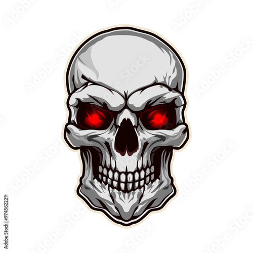 Ai generated danger skull mascot, generative ai menacing cranium, with red glowing eyes and sharp teeth, exudes an ominous eerie aura. Dead head with sinister grin strikes fear, Halloween skull emblem