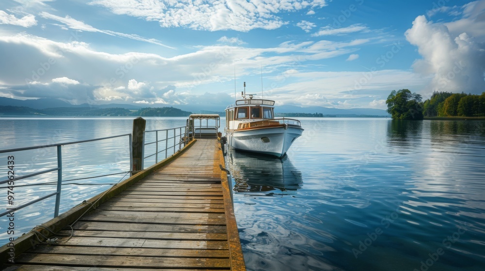 Fototapeta premium Wooden Pier with Boat on Tranquil Lake in Mountains