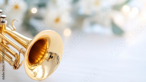 Elegant golden trumpet on a pristine white tabletop, soft light accentuating its gleaming surface, minimalist composition conveying sophistication and artistry photo