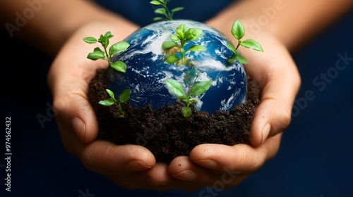 Hands Holding Earth with Growing Plants: Hands holding the Earth, with small green plants sprouting from its surface, symbolizing growth and renewal. 