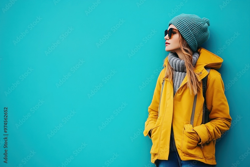 Woman in a Yellow Jacket, Blue Hat and Sunglasses Against a Turquoise Wall Woman in a Yellow Jacket, Blue Hat and Sunglasses Against a Turquoise Wall