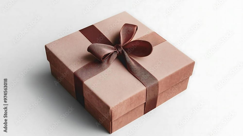 Gift Box with Brown Ribbon and Bow on White Background Gift Box with Brown Ribbon and Bow on White Background