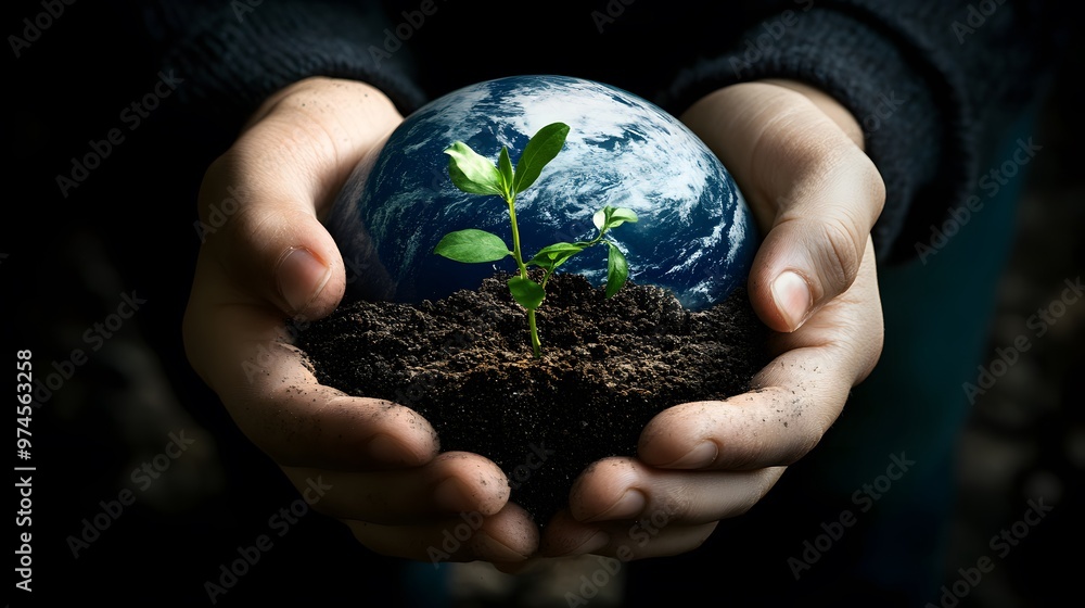 Hands Holding Earth with Growing Plants: Hands holding the Earth, with small green plants sprouting from its surface, symbolizing growth and renewal.
Hands Holding Earth with Growing Plants: Hands holding the Earth, with small green plants sprouting from its surface, symbolizing growth and renewal.