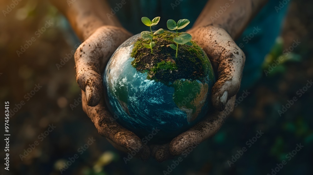 Hands Holding Earth with Growing Plants: Hands holding the Earth, with small green plants sprouting from its surface, symbolizing growth and renewal.
Hands Holding Earth with Growing Plants: Hands holding the Earth, with small green plants sprouting from its surface, symbolizing growth and renewal.