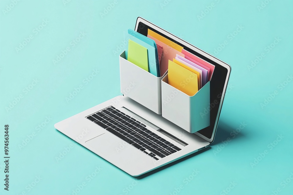 Creative illustration of a laptop with colorful folders representing digital organization and file management concepts Creative illustration of a laptop with colorful folders representing digital organization and file management concepts
