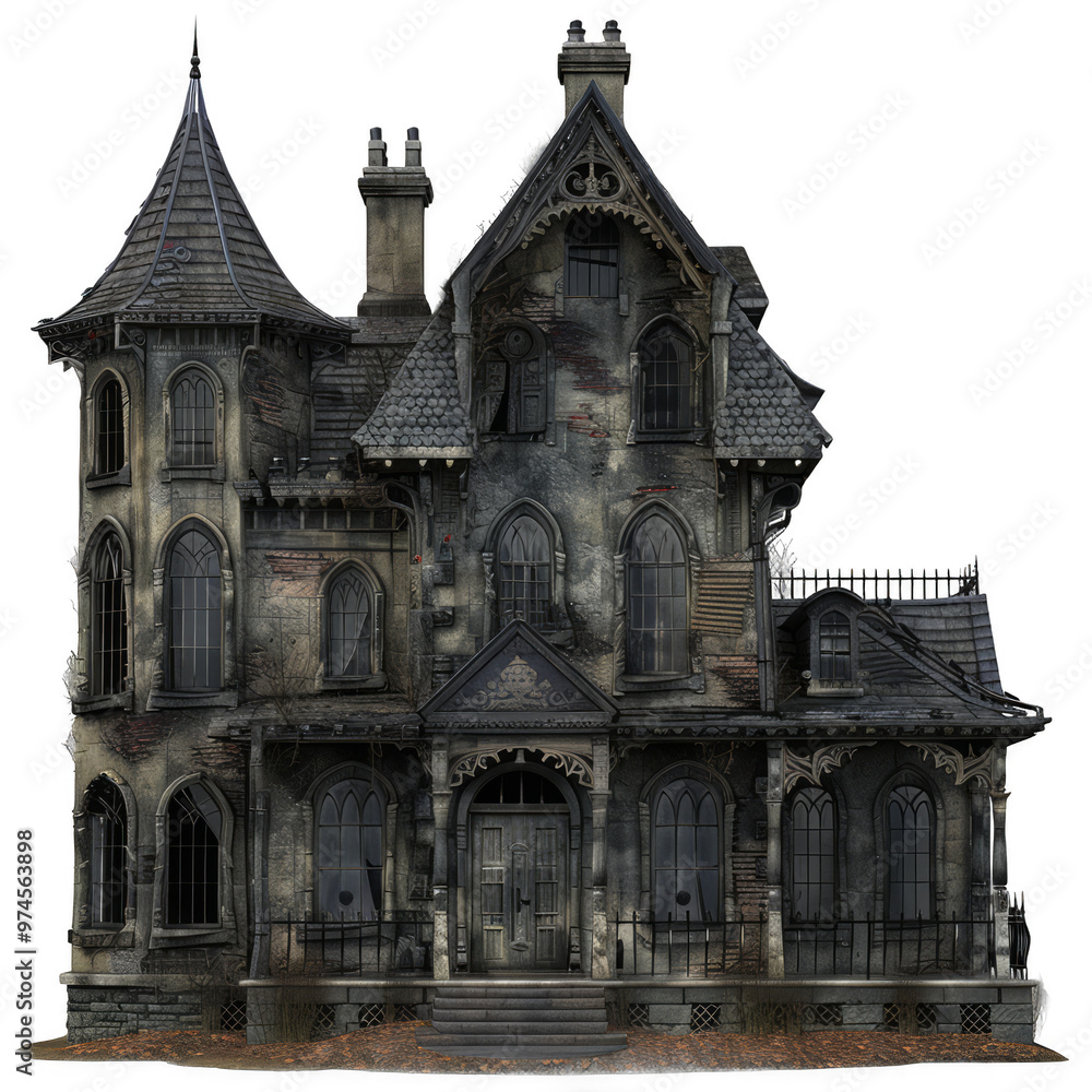 Haunted House with Gothic Architecture and Decaying Facade Haunted House with Gothic Architecture and Decaying Facade