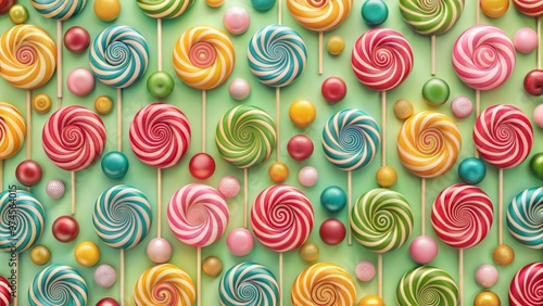 Colorful lollipops and candies arranged in a playful pattern, evoking a fun and cheerful atmosphere