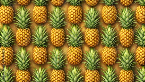 Patterned design of vibrant pineapples, showcasing freshness and tropical appeal on a golden background