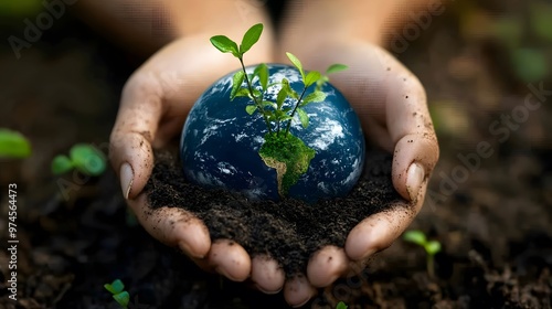 Hands Holding Earth with Growing Plants: Hands holding the Earth, with small green plants sprouting from its surface, symbolizing growth and renewal. 