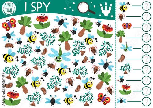 Dinosaur I spy game for kids. Searching and counting activity with ancient insects. Prehistoric printable worksheet for preschool children. Simple dino land spotting puzzle with bee, centipede, fly
