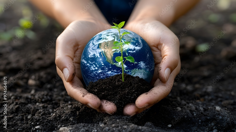 Hands Holding Earth with Growing Plants: Hands holding the Earth, with small green plants sprouting from its surface, symbolizing growth and renewal.
Hands Holding Earth with Growing Plants: Hands holding the Earth, with small green plants sprouting from its surface, symbolizing growth and renewal.