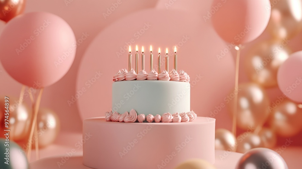 Stylish birthday scene with a luxury cake and candles flat design, front view, modern elegance theme, 3D render, Triadic Color Scheme Stylish birthday scene with a luxury cake and candles flat design, front view, modern elegance theme, 3D render, Triadic Color Scheme