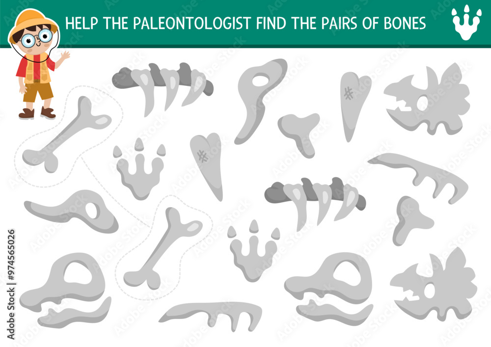 Find pair of dinosaur bones. Prehistoric matching activity for children. Dino land educational quiz worksheet for kids for attention skills. Printable game with cute ancient animal skeleton Find pair of dinosaur bones. Prehistoric matching activity for children. Dino land educational quiz worksheet for kids for attention skills. Printable game with cute ancient animal skeleton