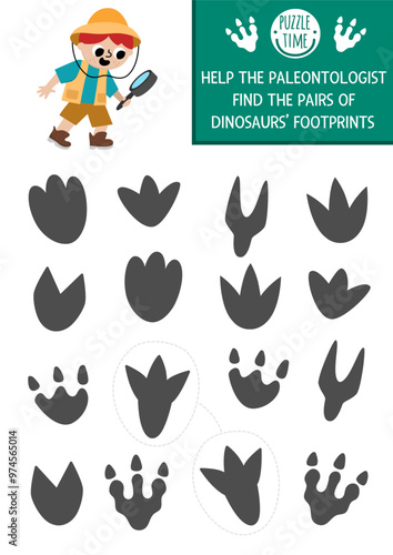 Find pair of dinosaur footprints. Prehistoric matching activity for children. Dino land educational quiz worksheet for kids for attention skills. Printable game with cute ancient animal foot prints