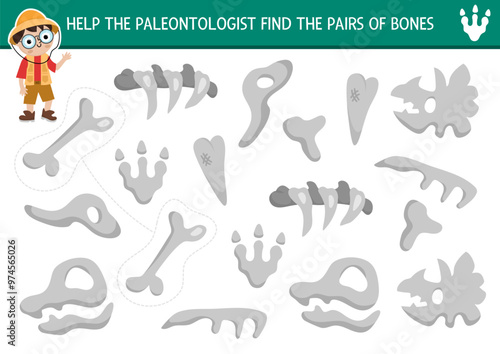 Find pair of dinosaur bones. Prehistoric matching activity for children. Dino land educational quiz worksheet for kids for attention skills. Printable game with cute ancient animal skeleton