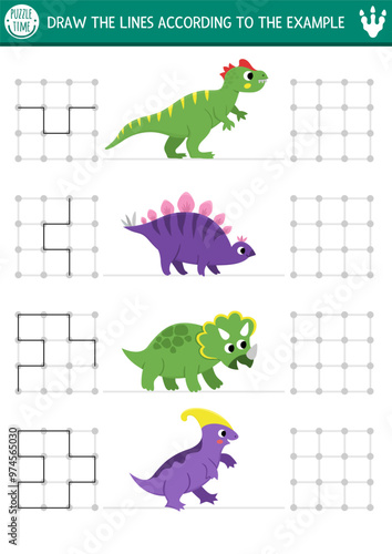 Dinosaur drawing, writing, tracing, space orientation activity for kids with ancient animals. Draw the lines in square box according the example. Preschool prehistoric printable game, puzzle