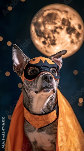 A heroic dog wearing a superhero cape and mask gazes at the moon, capturing a whimsical and adventurous spirit.