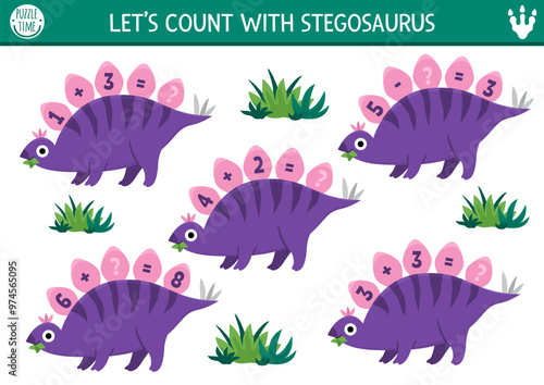 Counting game with cute stegosaur and numbers on his bony plates. Dinosaur math addition activity for preschool kids. Simple prehistoric dino land printable counting worksheet with ancient animal