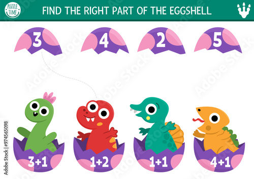 Counting and matching game with cute baby dinosaurs in eggs and shells. Dino math addition activity for preschool kids. Prehistoric printable counting worksheet with little T-rex, brachiosaur