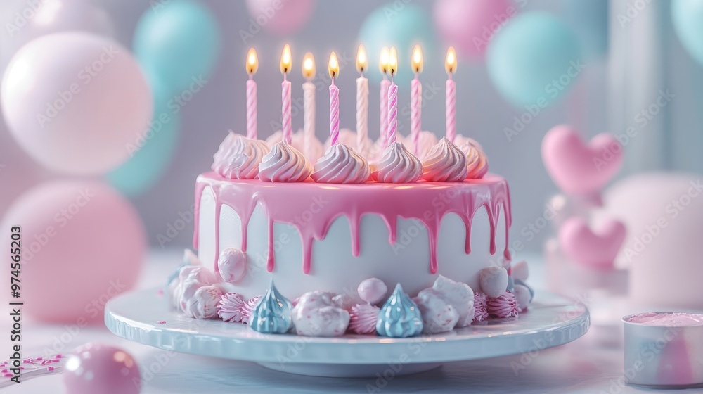 Stylish birthday scene with a luxury cake and candles flat design, front view, modern elegance theme, 3D render, Triadic Color Scheme Stylish birthday scene with a luxury cake and candles flat design, front view, modern elegance theme, 3D render, Triadic Color Scheme