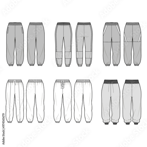Technical flat sketch set of loose-fit jogger pants. Sports sweatpants featuring an elasticated waistband and drawstring. Tracksuit pants, relaxed pull-on style.