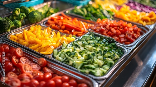 A vibrant salad bar illuminated brightly with diverse vegetables and organized trays, presenting fresh, healthy meal options in an appetizing display of high-contrast colors in a restaurant setting.