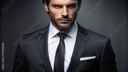 Elegant businessman with perfectly starched white dress shirt featuring a stylish pointed collar, paired with a sleek tie and a sophisticated suit. photo