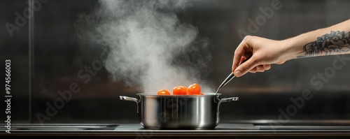 Chef's tattooed hand stirring a vibrant red tomato sauce in a copper pot, steam rising photo