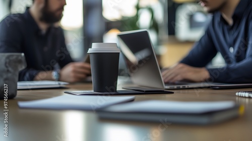 Closeup of a Coffee Cup on a Desk with a Laptop and Papers