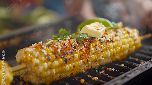 Elote served hot, with butter, chili powder, and a squeeze of fresh lime, garnished with cilantro photo