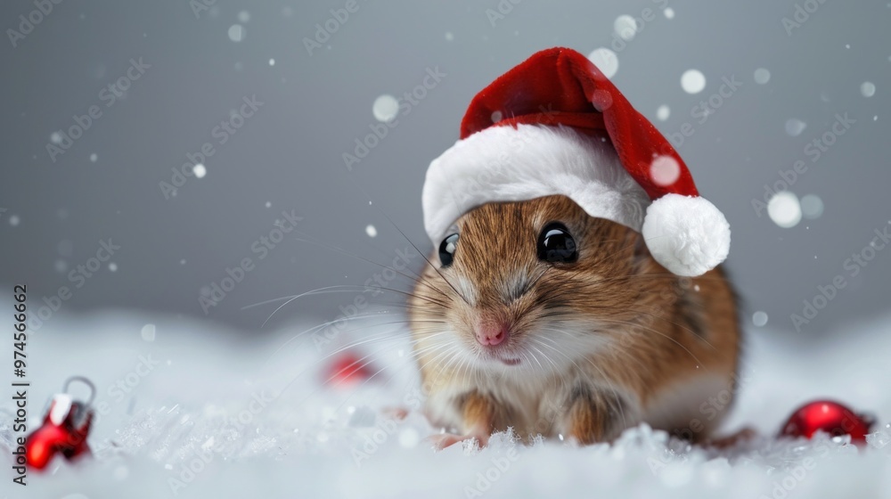A small brown mouse wearing a red Santa hat and standing on a snowy surface A small brown mouse wearing a red Santa hat and standing on a snowy surface