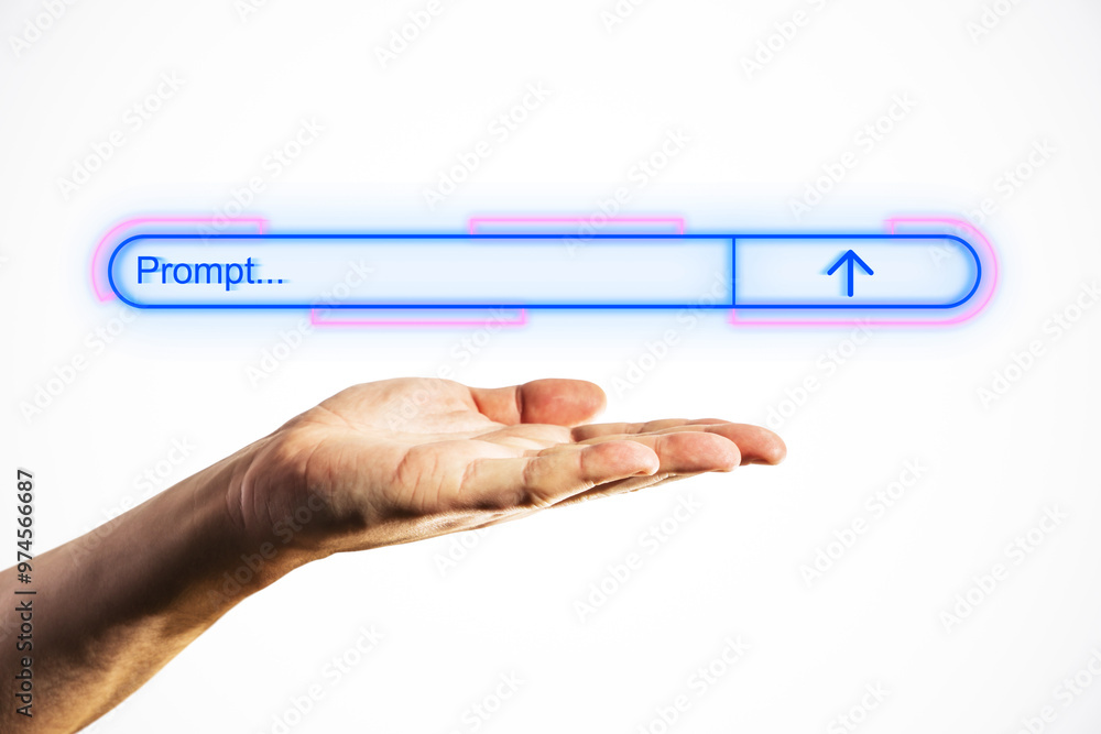 A hand presenting a neon search prompt bar on a white background, representing technology, creativity, and modern digital concepts A hand presenting a neon search prompt bar on a white background, representing technology, creativity, and modern digital concepts