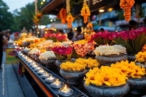 Navratri with elaborate Durga Puja setups, where devotees offer flowers and light lamps photo