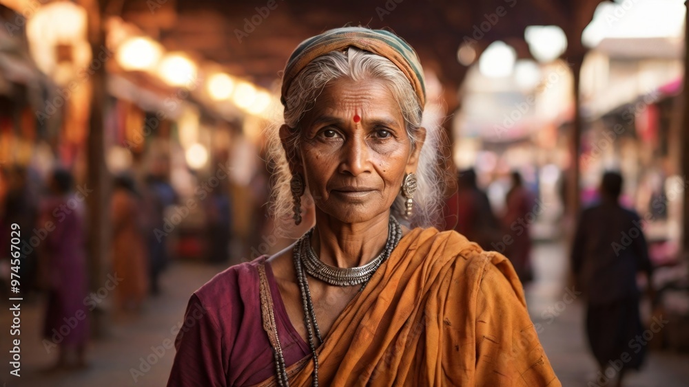 An elderly Indian woman stands in the bazaar with vegetables and fruits.
An elderly Indian woman stands in the bazaar with vegetables and fruits.