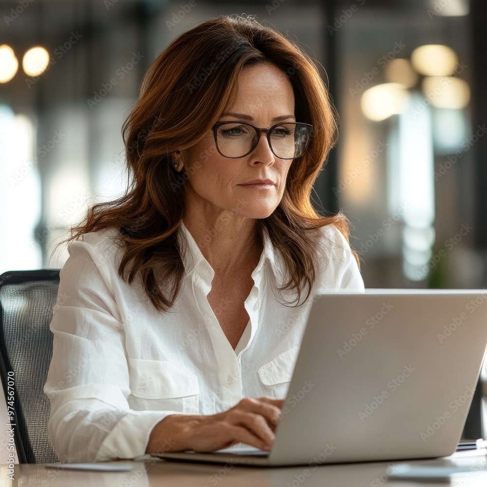 Focused businesswoman working diligently on her laptop in a modern office environment filled with natural light, showcasing concentration and professionalism Focused businesswoman working diligently on her laptop in a modern office environment filled with natural light, showcasing concentration and professionalism