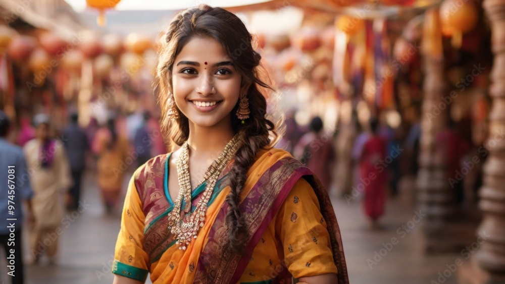 Portrait happy woman in traditional Indian attire, standing in marketplace with blurred background, depicting cultural and ethnic diversity
Portrait happy woman in traditional Indian attire, standing in marketplace with blurred background, depicting cultural and ethnic diversity